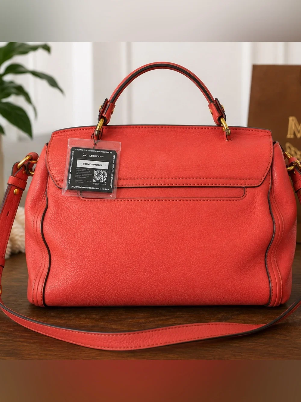 MCM Coral Pebbled Leather Turn Lock Satchel Shoulder Bag Authenticated